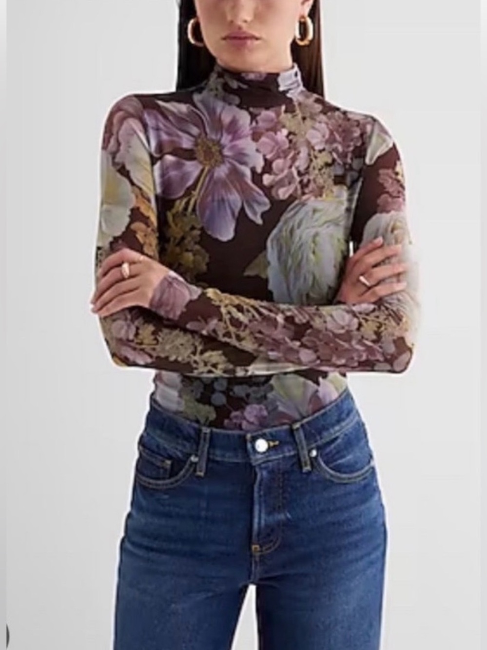 Express Floral Sheer Long-Sleeve Bodysuit in Brown and Pink